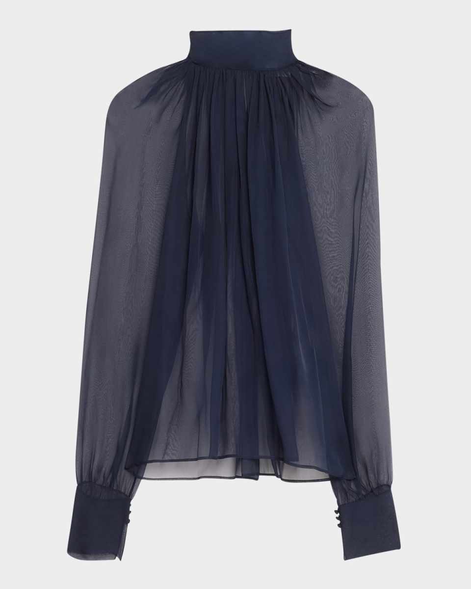 Sheer Ruched Hig-Neck Blouse